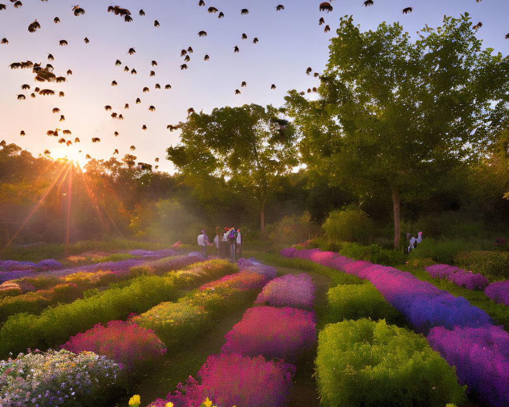 Vibrant flower garden at sunset with winding paths, trees, and birds in the sky