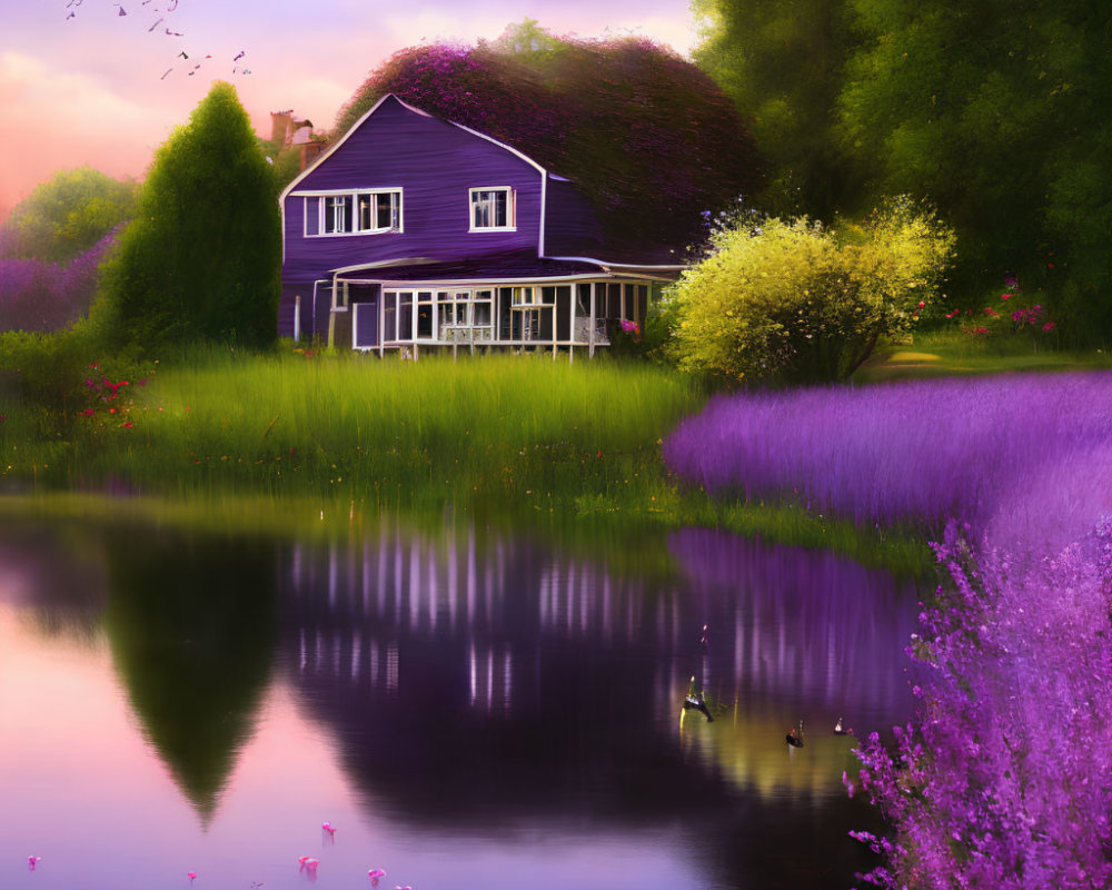 Tranquil Purple House in Lavender Fields and Lush Greenery