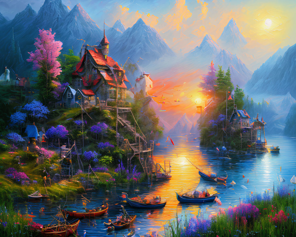 Scenic mountainside lake village at sunset