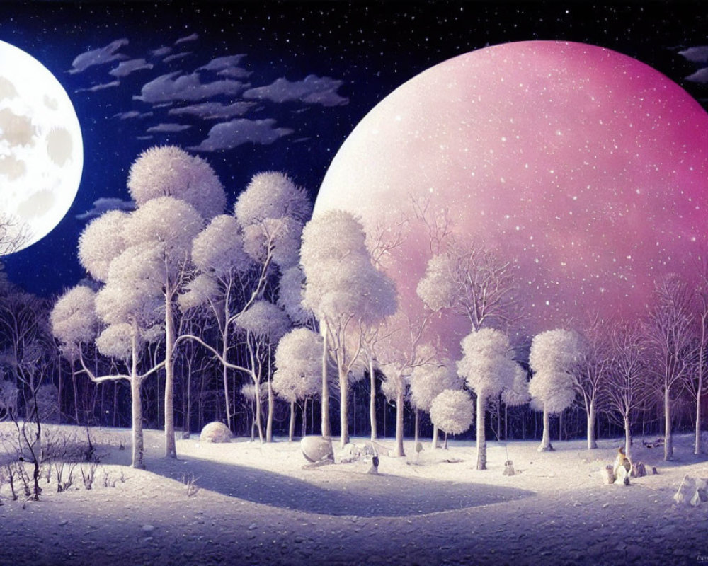 Frosted trees under two moons in a serene night scene