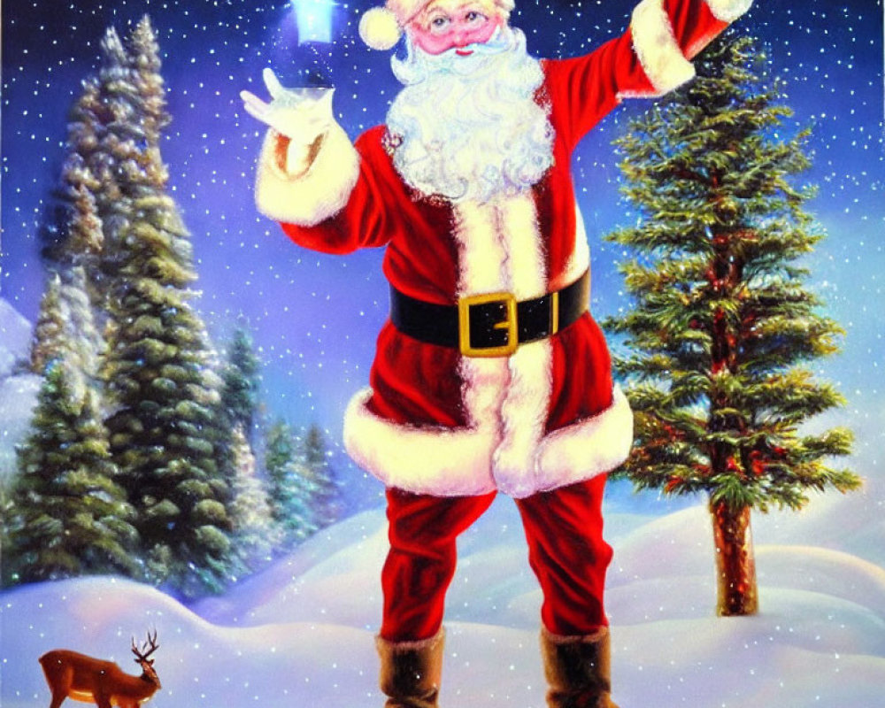 Santa Claus in Red Suit Waving in Snowy Night Scene