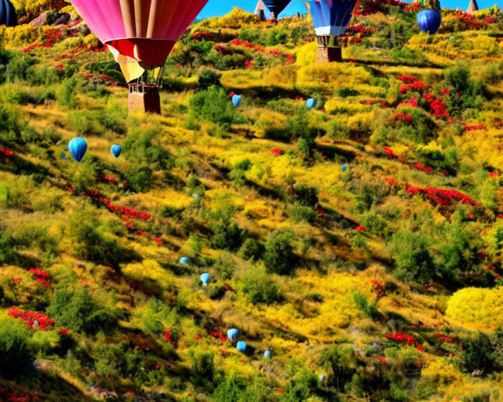 Vibrant hot air balloons over colorful flower-covered hillside