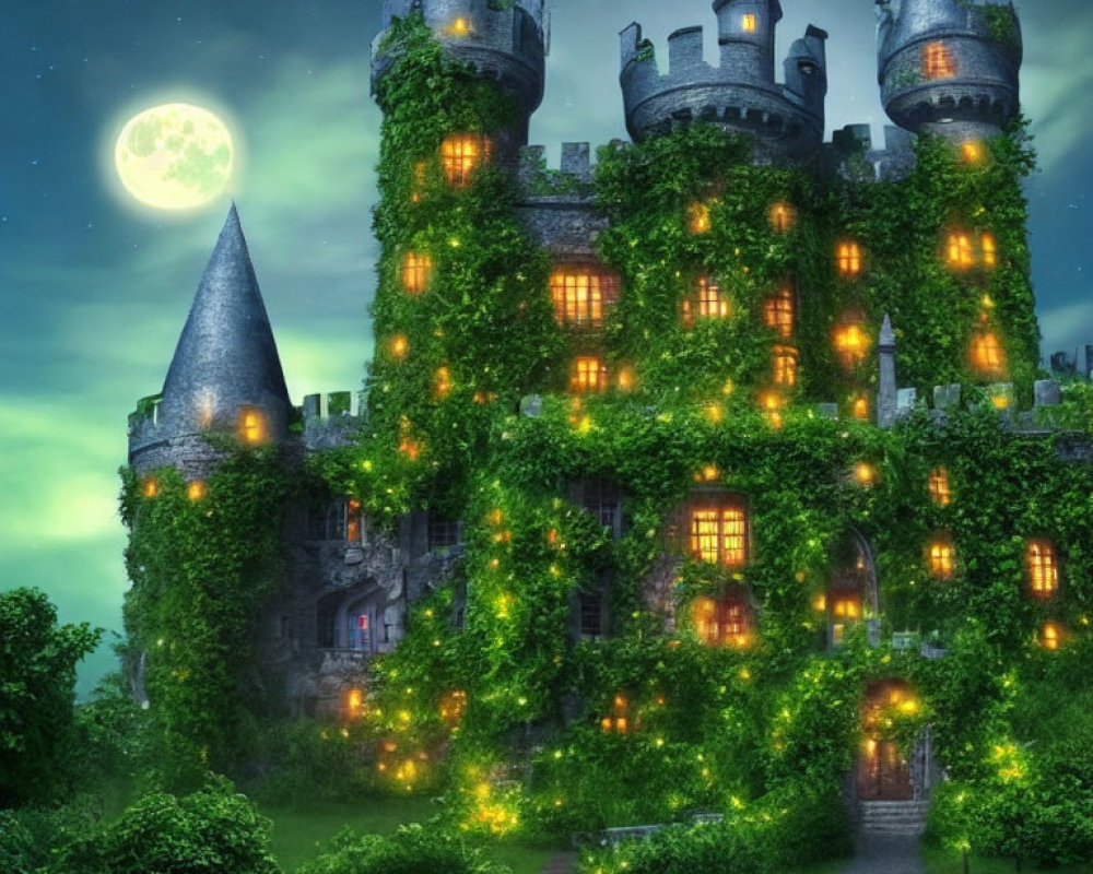 Mystical Castle Covered in Ivy Under Full Moon