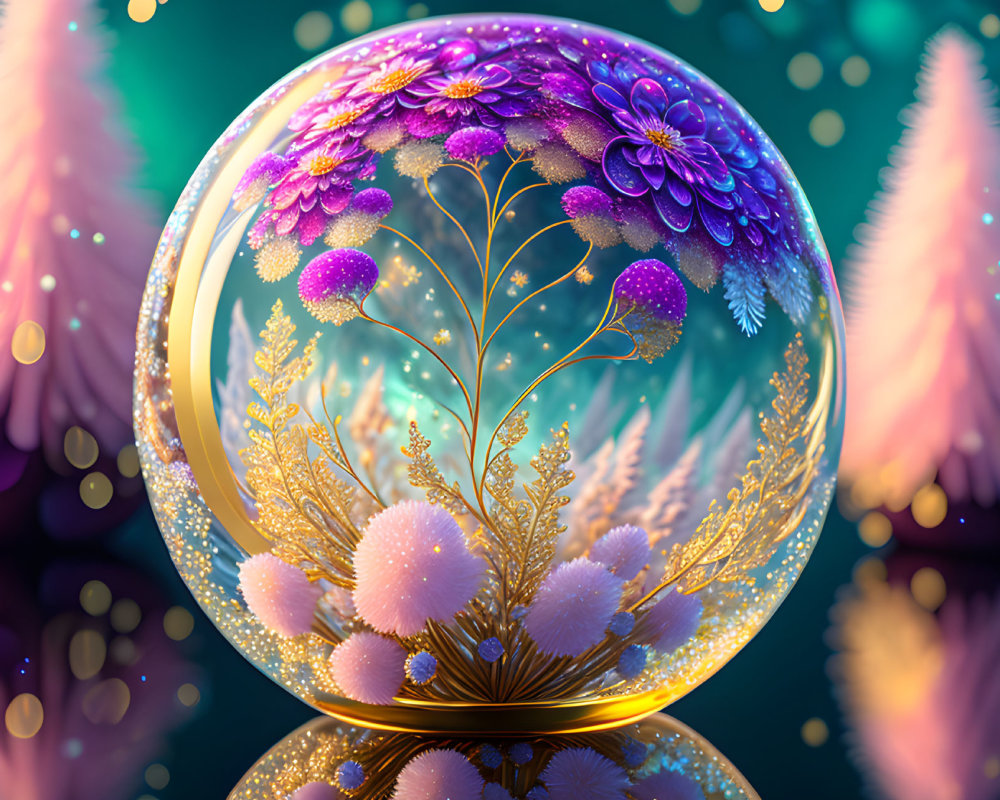 Colorful Crystal Ball with Golden Floral Arrangement and Purple Flowers on Teal Background