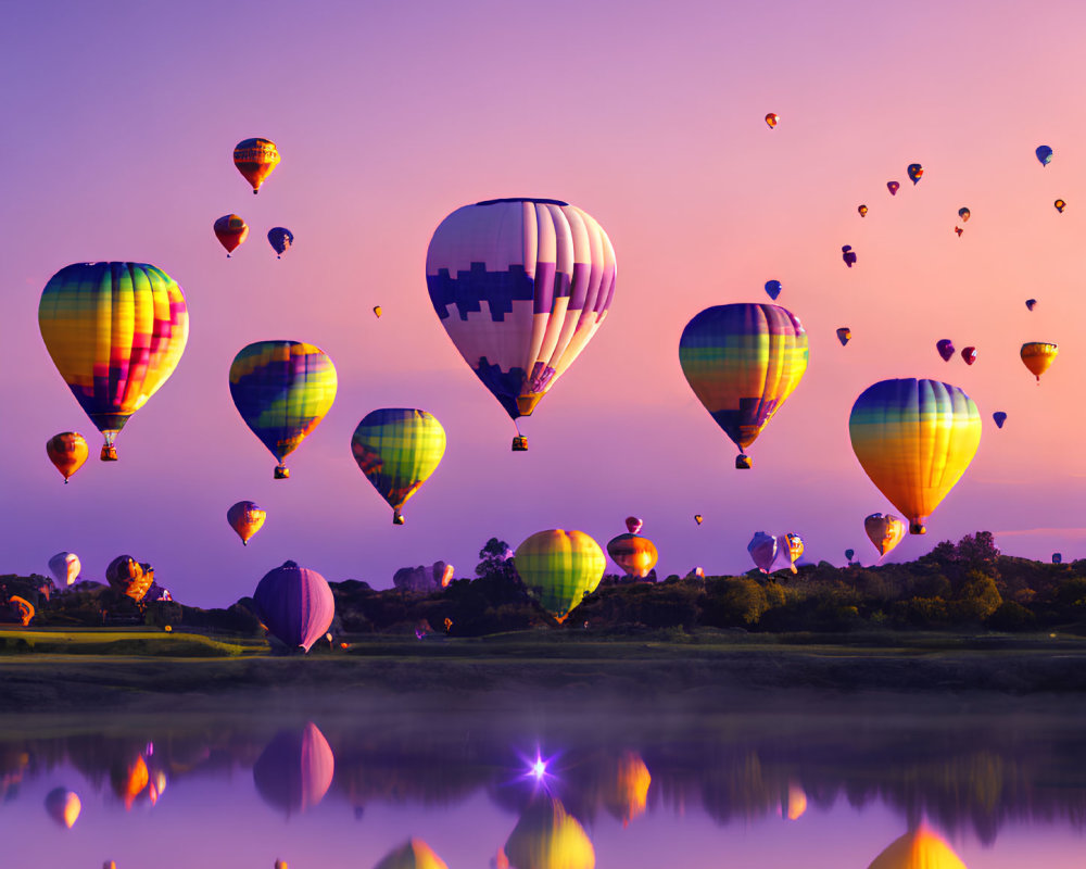 Vibrant hot air balloons in dusk sky over peaceful water