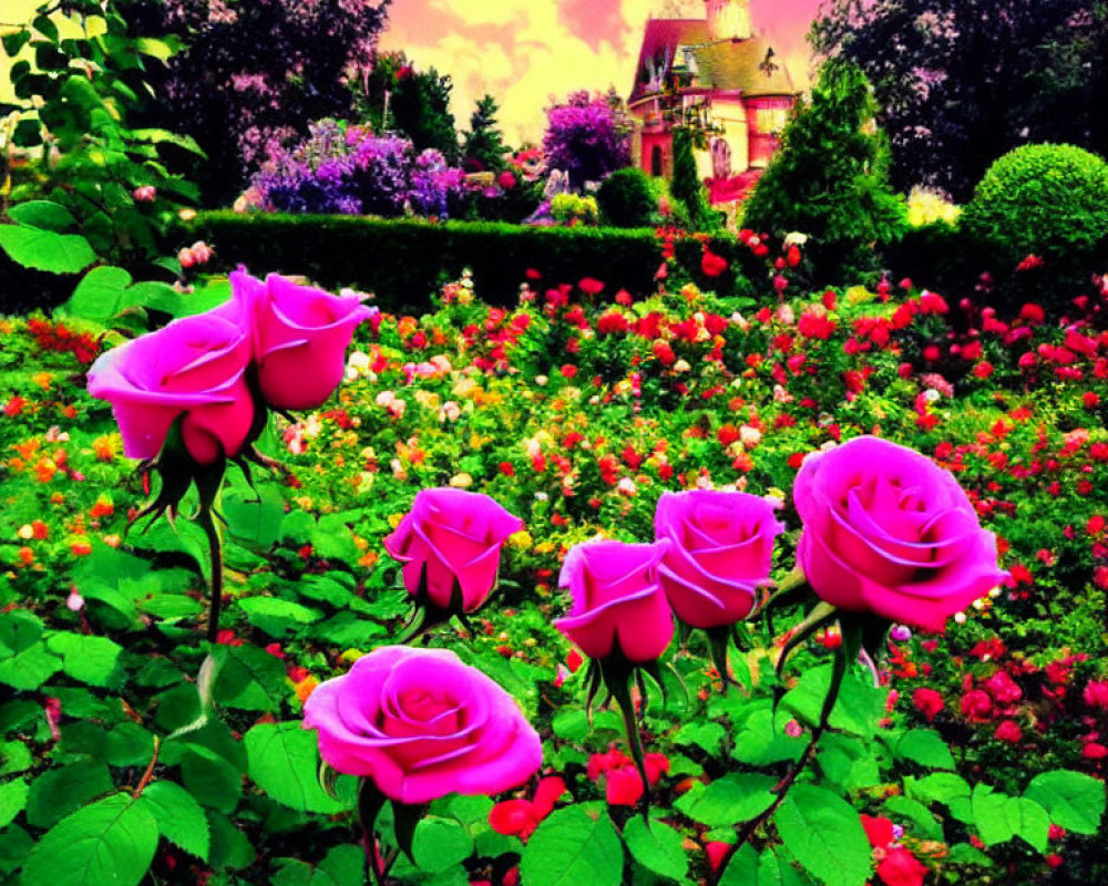 Lush Garden Scene with Pink Roses and Whimsical Pink House