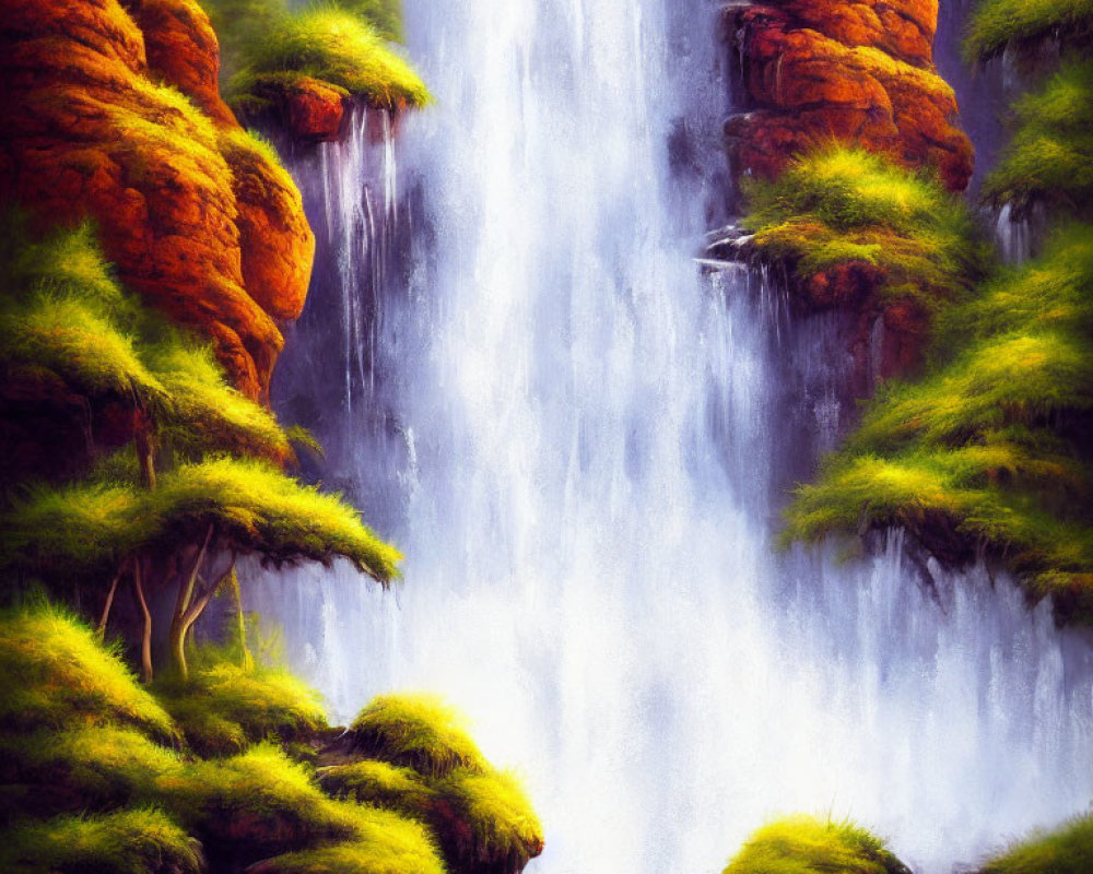 Scenic waterfall on red rock cliffs with lush greenery