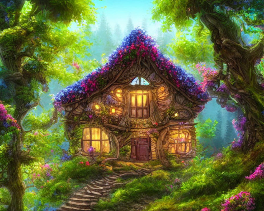 Thatched Roof Cottage Surrounded by Flowers in Enchanting Forest