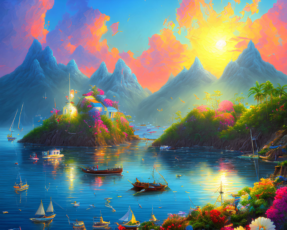 Colorful seascape with boats, island blooms, and misty mountains at sunset