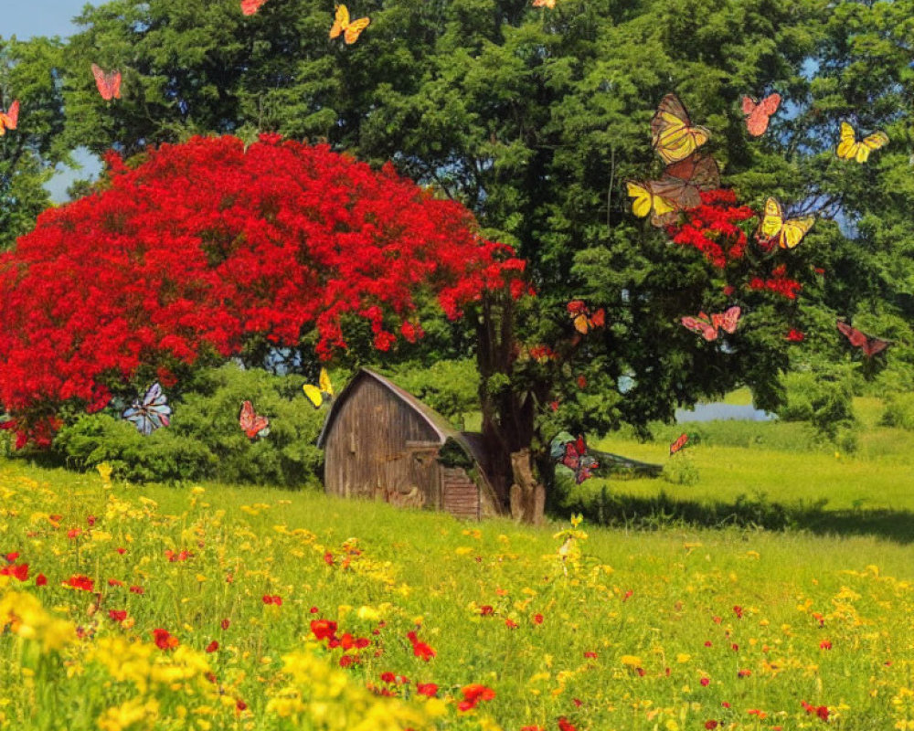 Colorful meadow with yellow flowers, butterflies, red-flowered tree, wooden shack, blue sky