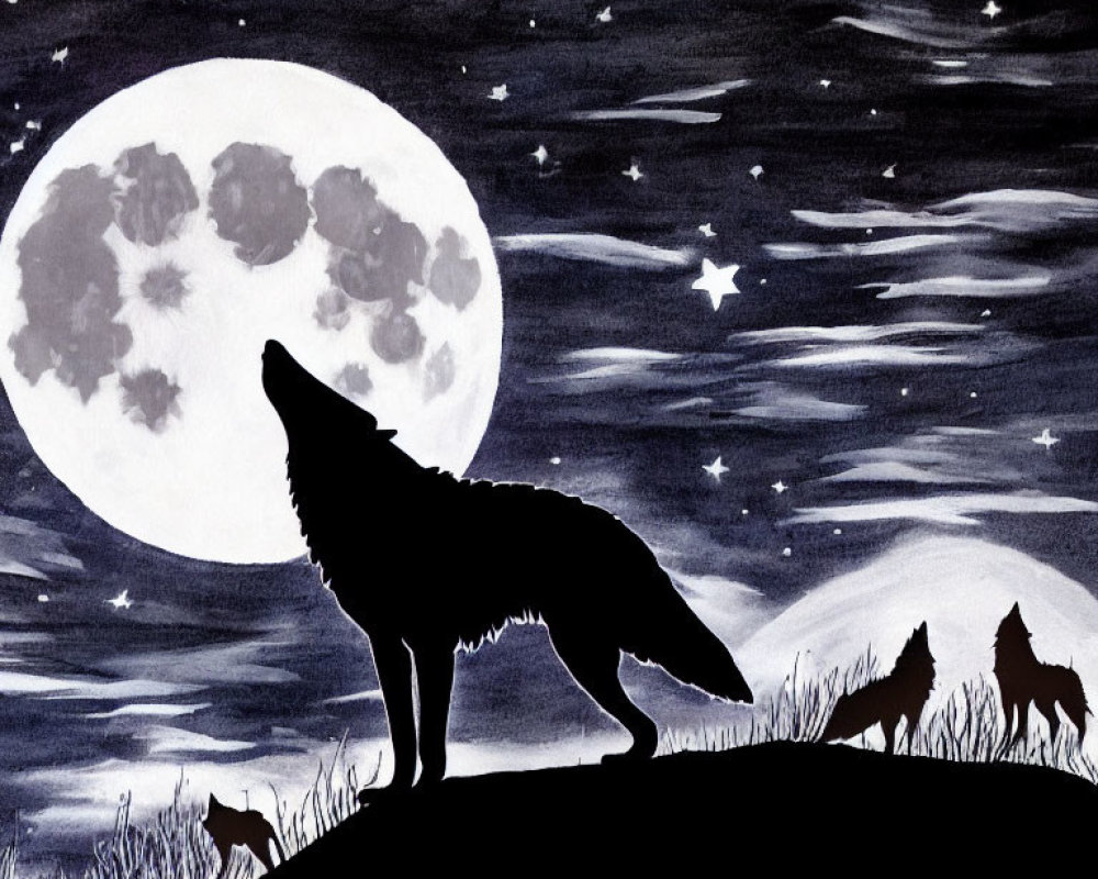 Three wolves under full moon and starry sky.