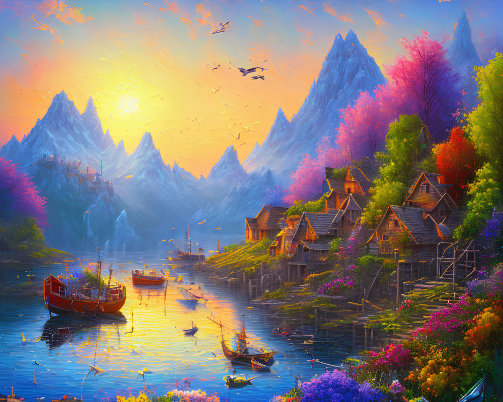 Colorful sunset painting of lakeside village with mountains & birds