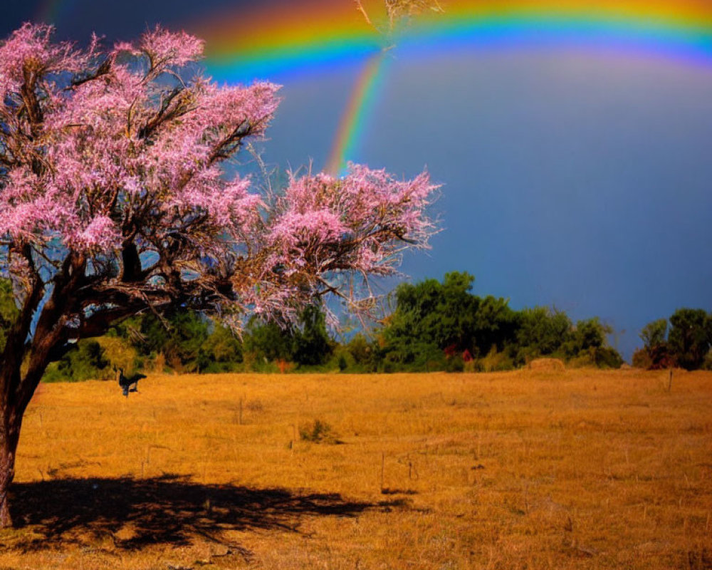 Colorful rainbow over pink-flowered tree in golden field under blue sky