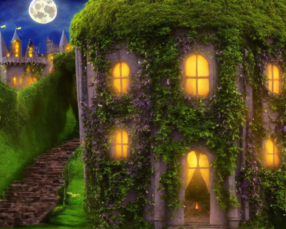 Ivy-covered whimsical house under starry night sky with full moon next to hill castle