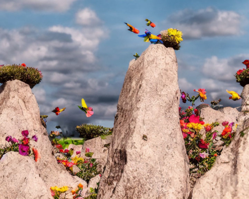 Colorful flowers and birds around rocky spires under a blue sky