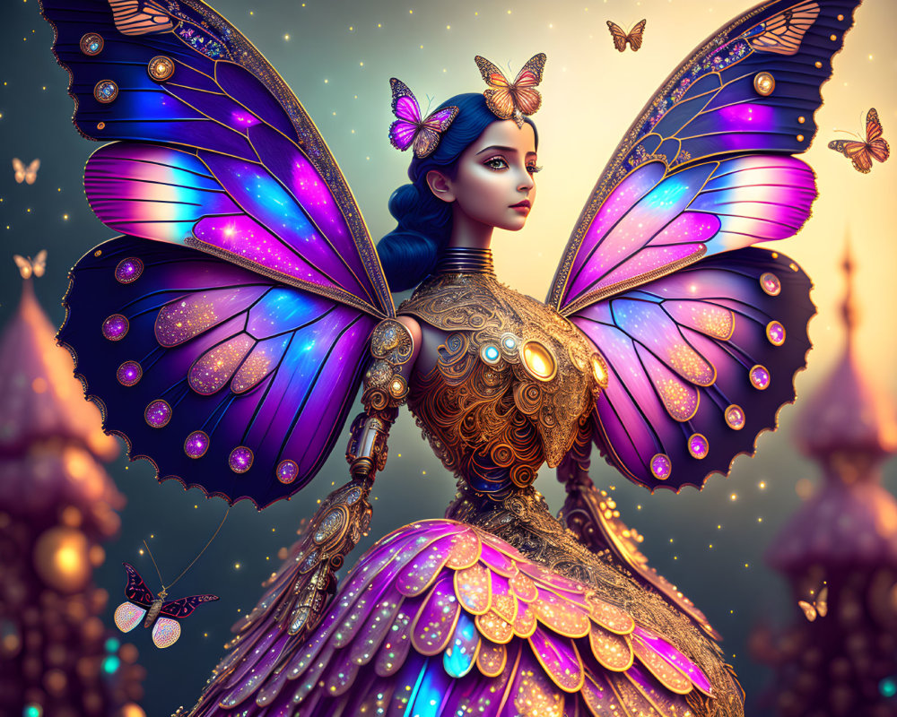 Digital art: Woman with mechanical butterfly wings in fantasy setting