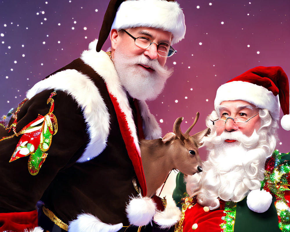 Santa Claus Figures with Reindeer Toy on Snowflake Background