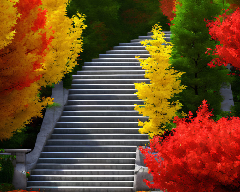 Colorful autumn staircase surrounded by vibrant trees and fallen leaves