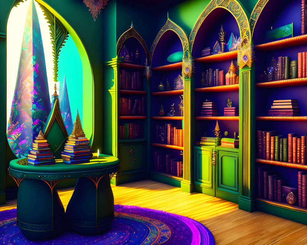 Vibrant fantasy library room with glowing bookshelves and stained glass window