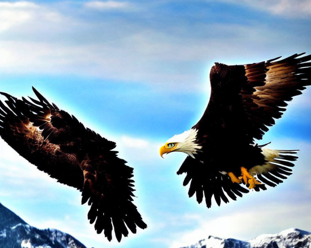 Majestic eagles soaring over snowy mountains and cloudy sky.