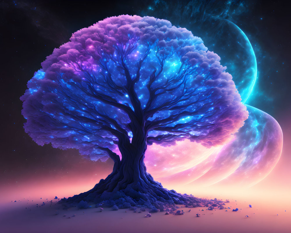 Vibrant tree with blue and purple canopy under cosmic sky