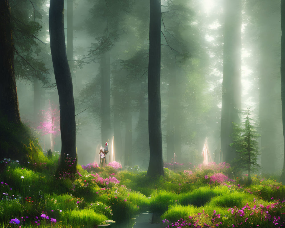 Enchanting forest scene with mystical beings and vibrant greenery