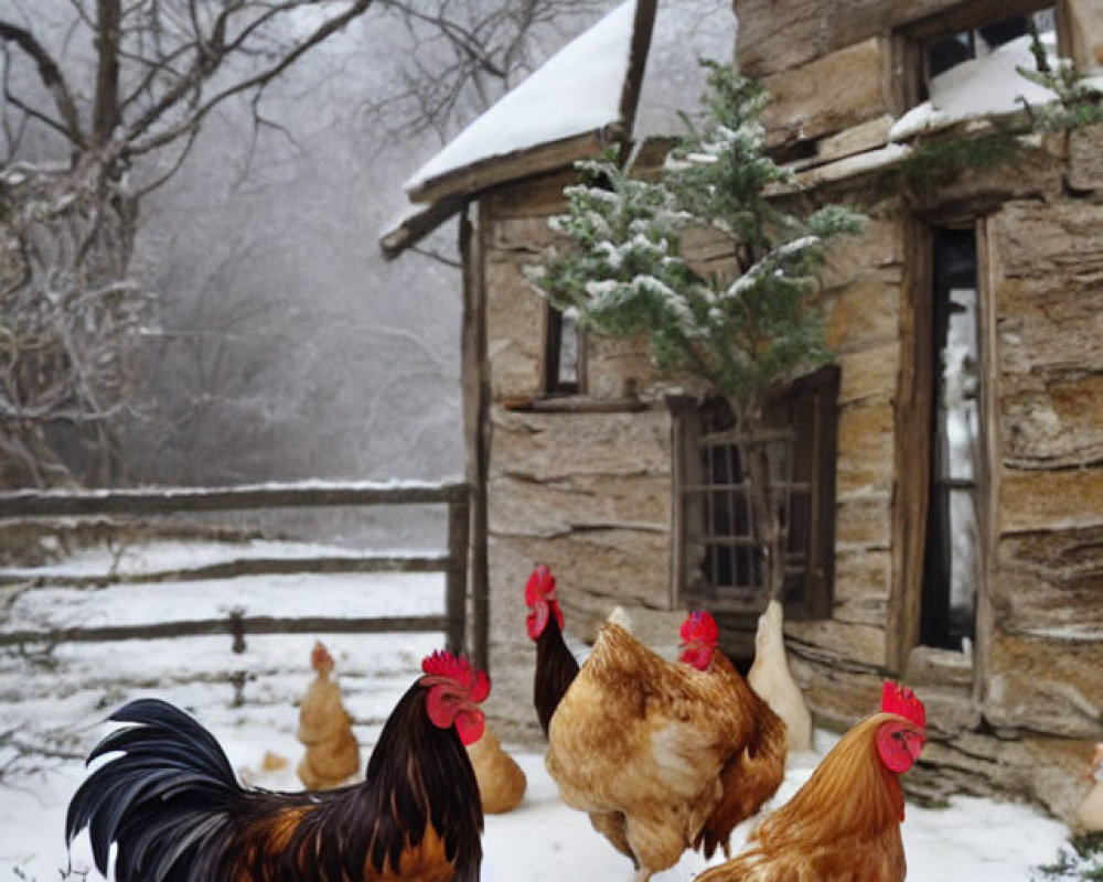 Rooster and Chickens in Snow by Old Stone Cabin