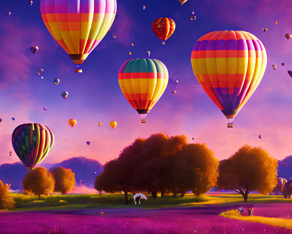 Vibrant hot air balloons over colorful sunset landscape