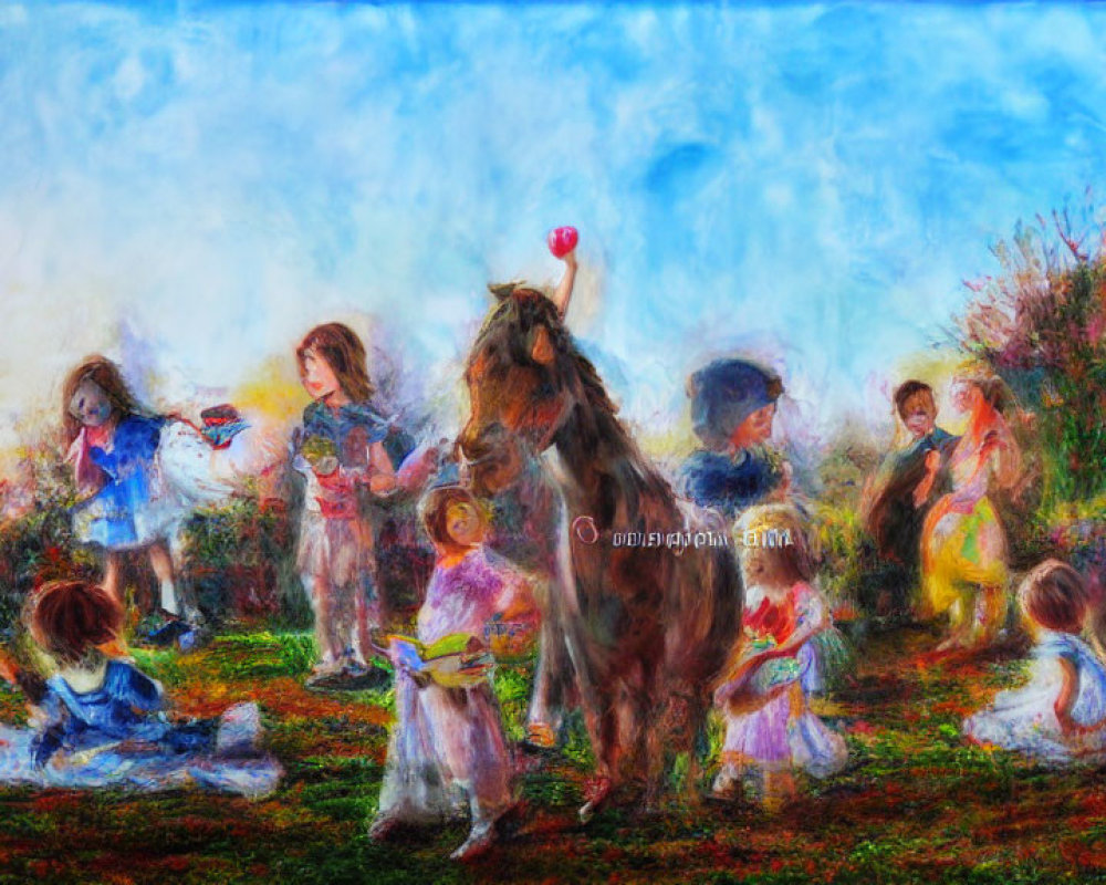 Colorful impressionistic painting of children playing in a lush meadow