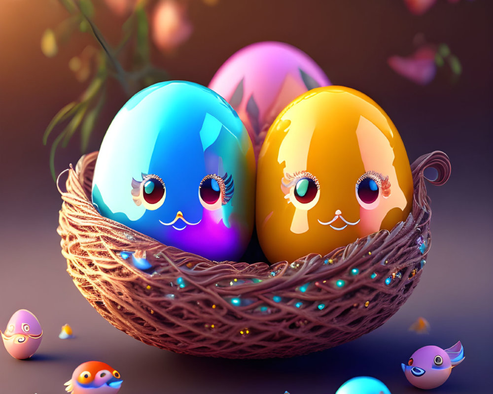 Vibrant Easter eggs with cute faces in nest among animated chicks