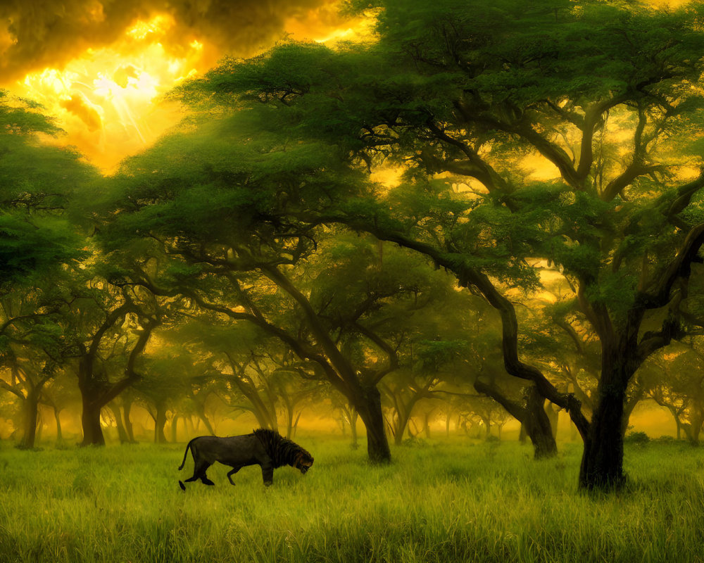 Majestic lion in serene savannah at golden sunset