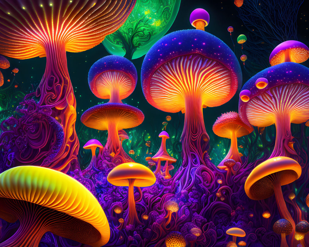 Neon-lit fantasy mushroom forest with glowing backdrop