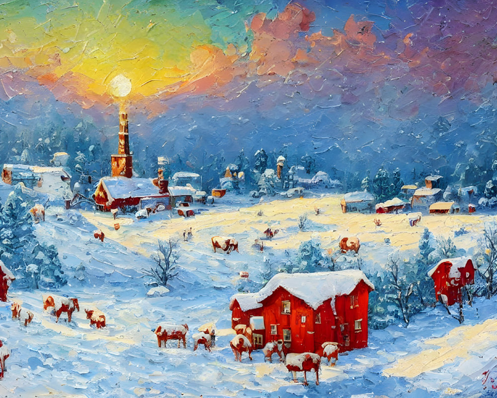 Snowy village at sunset: Red-roofed houses, church steeple, cows in oil