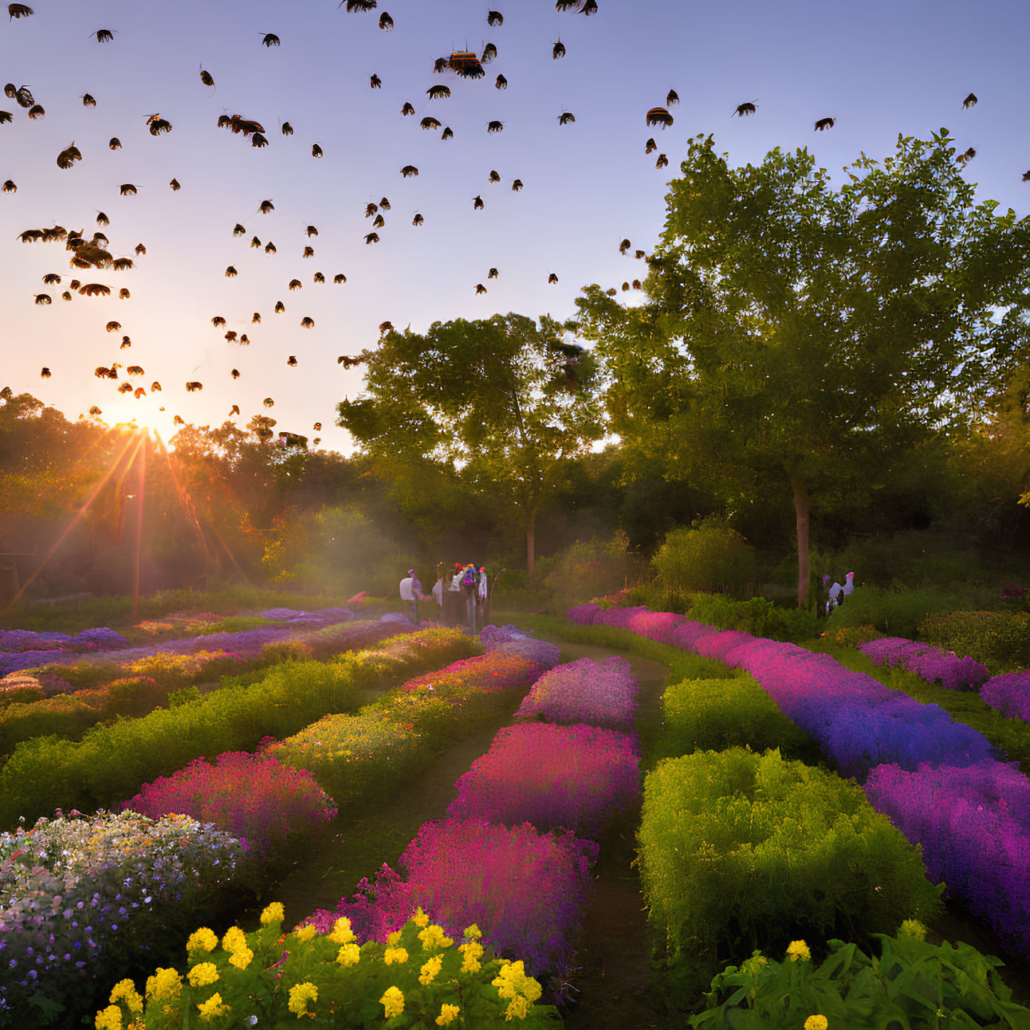 Vibrant flower garden at sunset with winding paths, trees, and birds in the sky