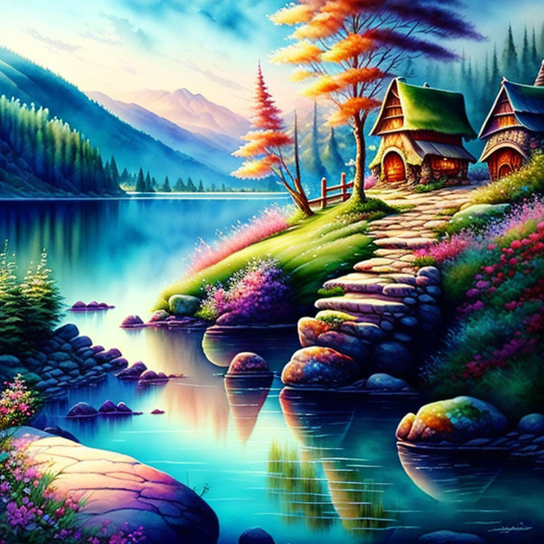 Colorful Lakeside Painting with Cottage, Trees, and Mountains