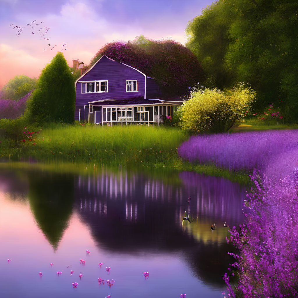 Tranquil Purple House in Lavender Fields and Lush Greenery