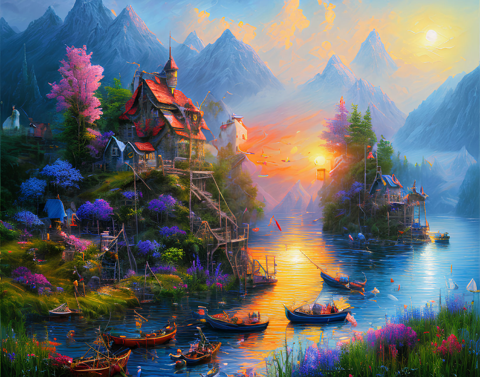 Scenic mountainside lake village at sunset