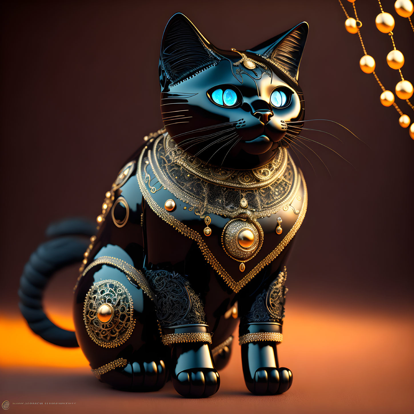 Digital Artwork: Mechanical Cat with Gold Details and Glowing Blue Eyes