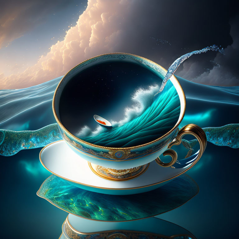 Ornate teacup with ocean waves under dramatic sky