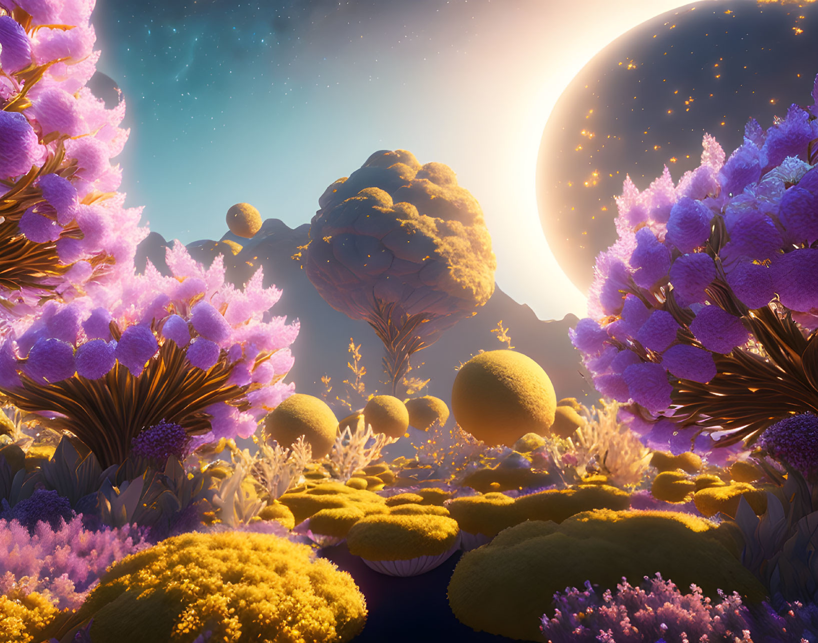 Vibrant alien flora in fantasy landscape under sunset sky