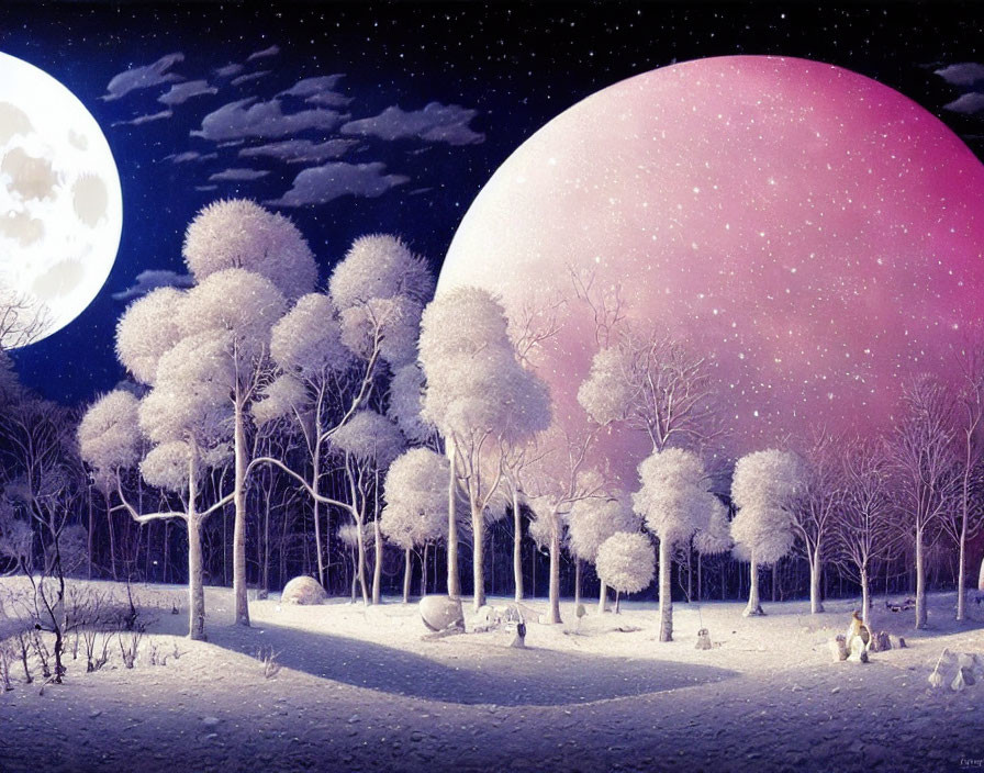 Frosted trees under two moons in a serene night scene