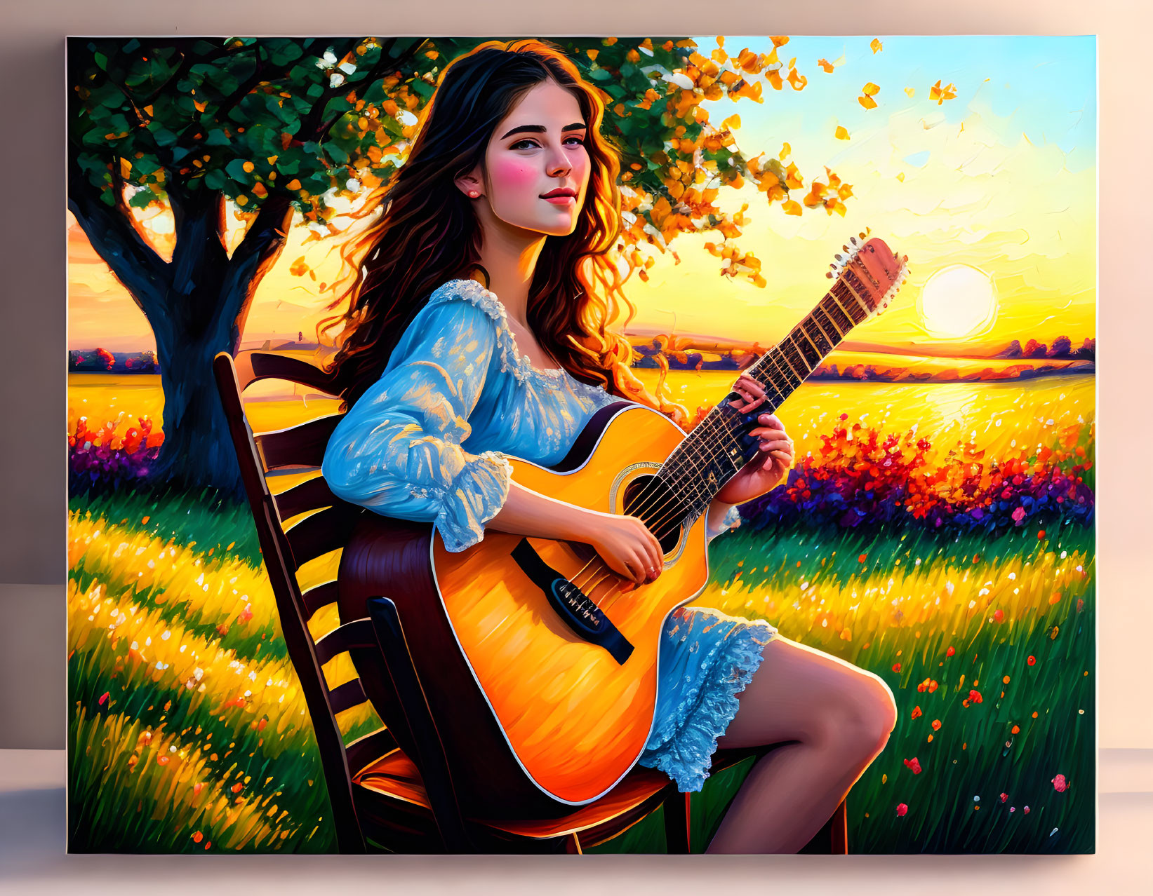 Woman playing guitar in field at sunset with trees and colorful flowers