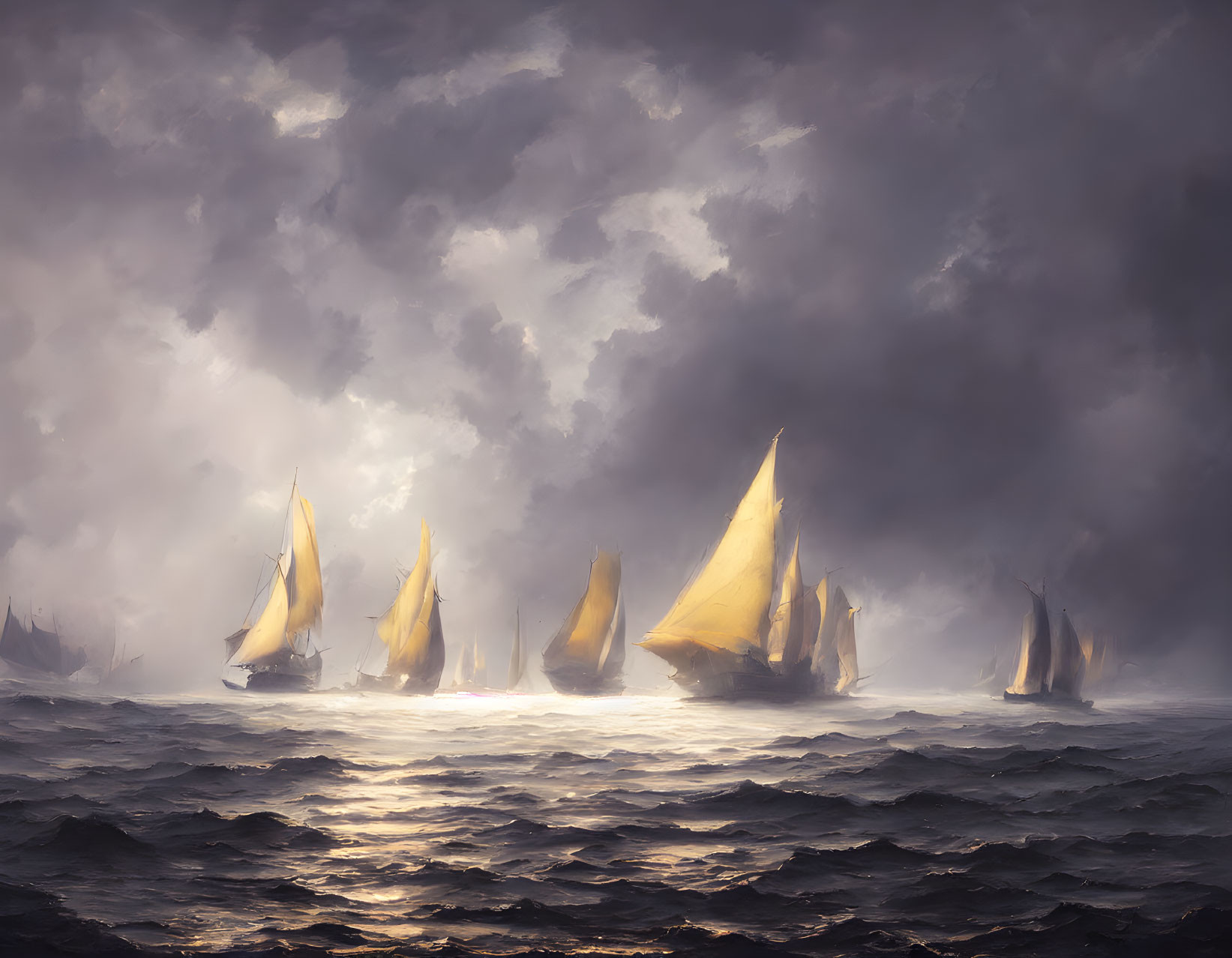 Yellow-sailed sailing ships on stormy seas under dramatic cloudy sky