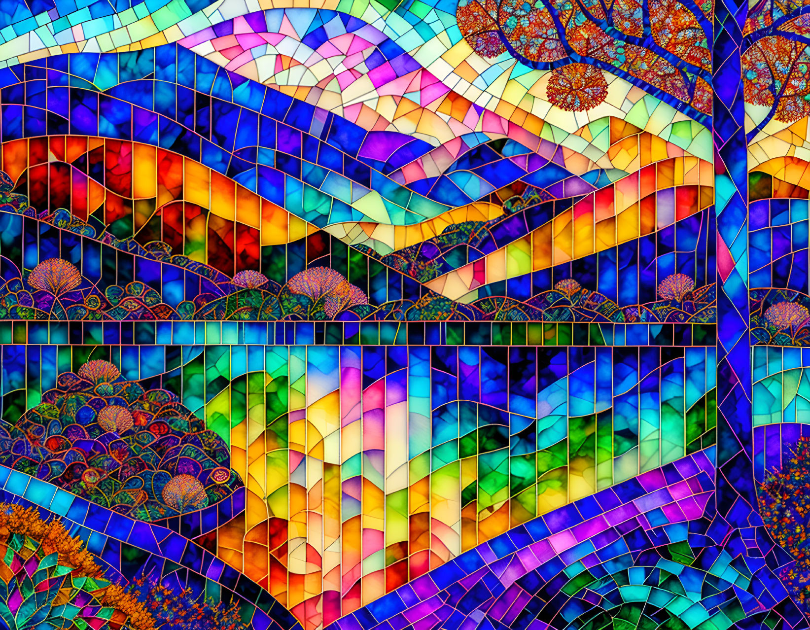 Colorful Abstract Landscape Mosaic with Rolling Hills, Trees, and Sky