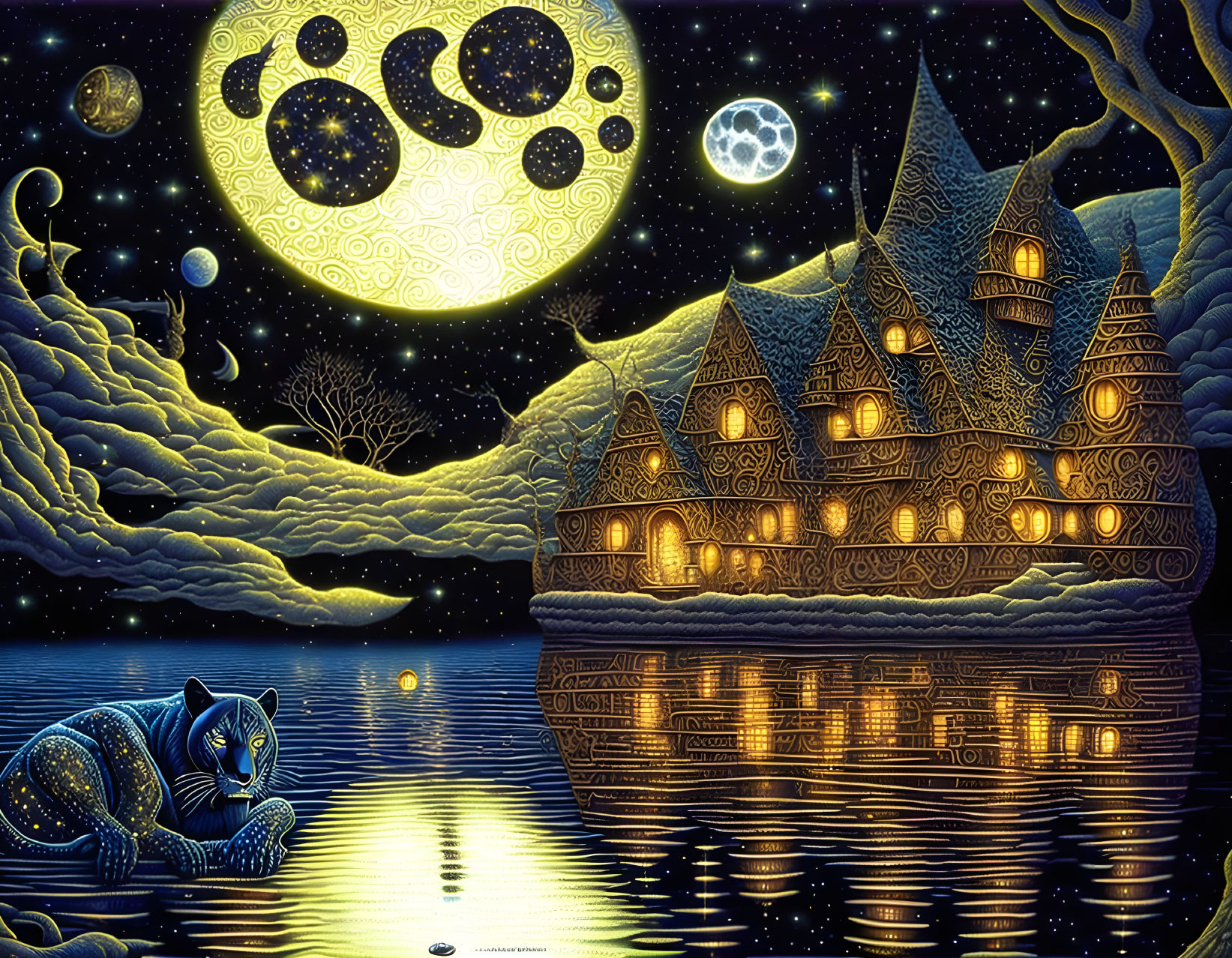 Whimsical night scene with glowing moon, sleeping cat, luminous houses, reflective lake, star