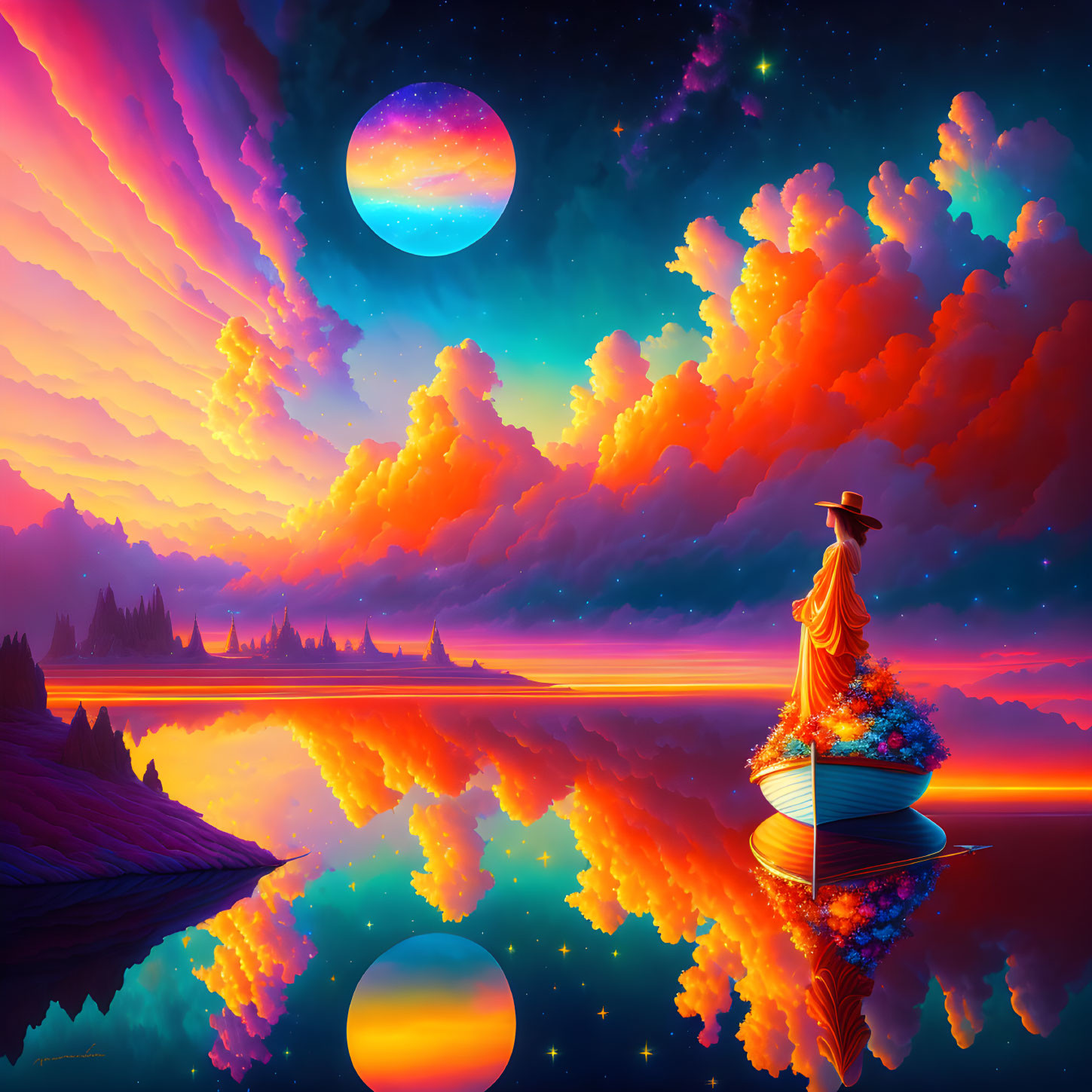 Person in hat gazes at vibrant sky over reflective water