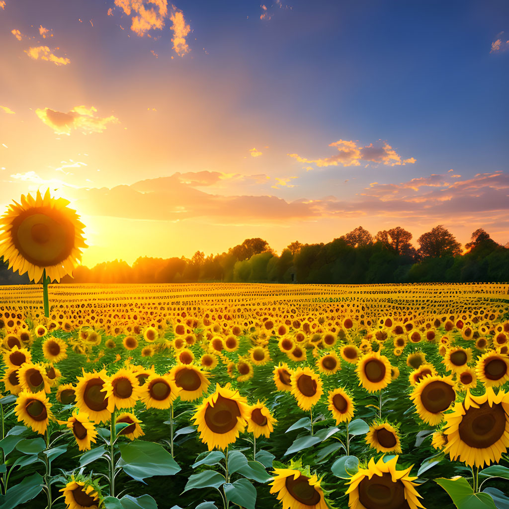 Sunflower field under vibrant sunset with blue skies