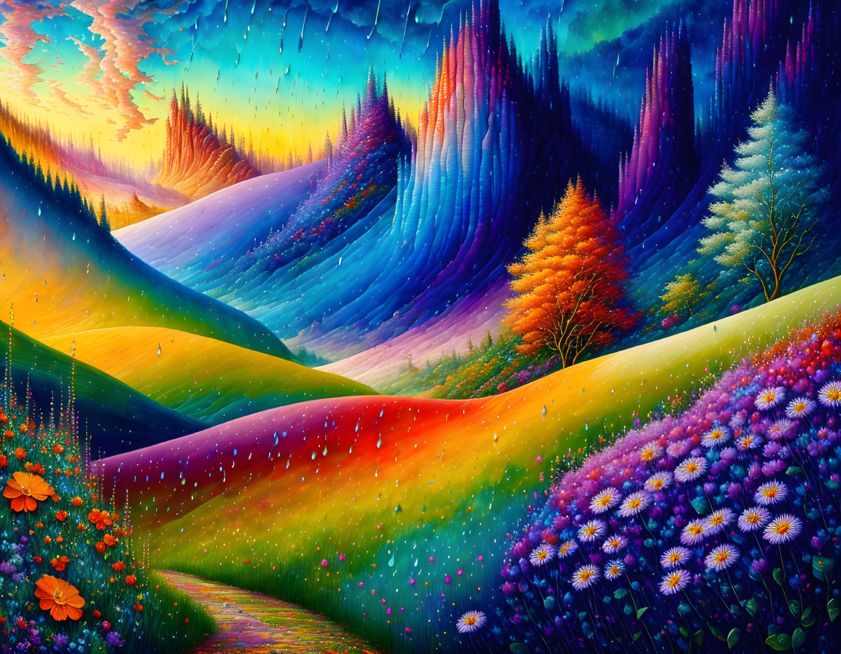 Colorful Landscape Painting: Rolling Hills, Forests, and Magical Sky