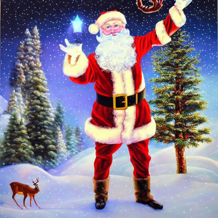 Santa Claus in Red Suit Waving in Snowy Night Scene