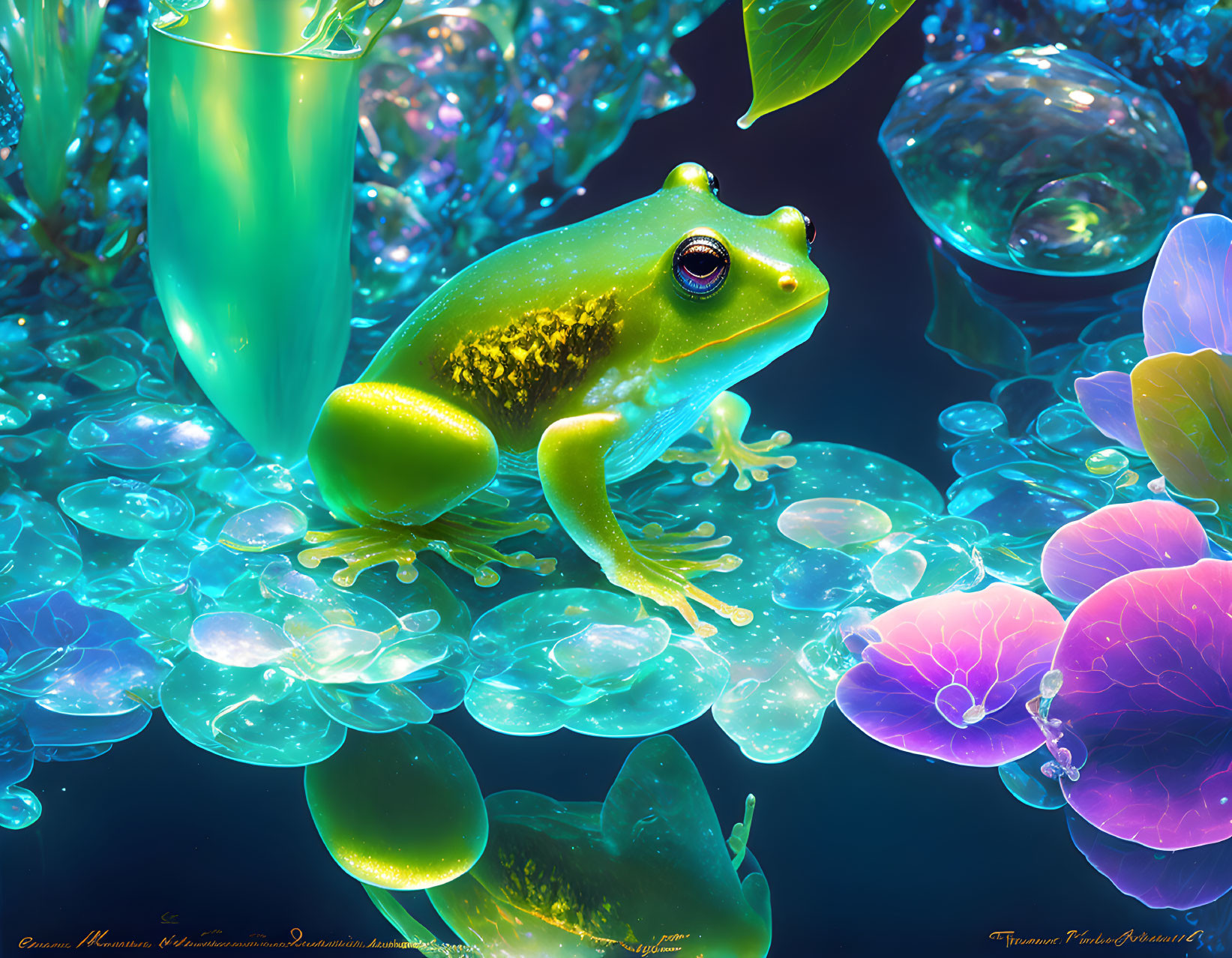 Vibrant digital image: Green frog on blue pebbles with iridescent plants